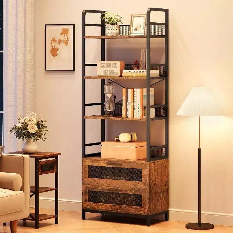 Wood 4-Tier Industrial Bookshelf with Drawers 70.9