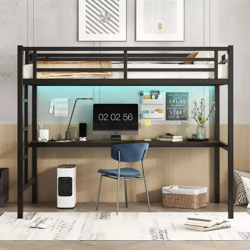 Okak Twin/Full/Queen Size Modern Metal Loft Bed with Desk,Space-Saving Bunk Bed with USB Charging & LED,CPC Certified,Sturdy Loft Beds for Kids,Teens