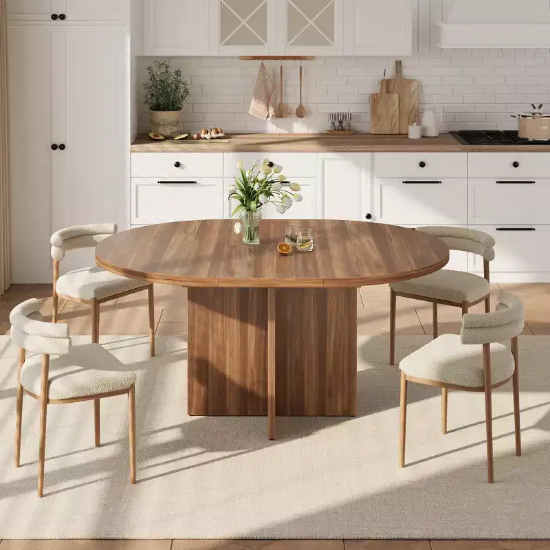 Extendable Round Dining Table for 4-8, Wooden Kitchen Table with Expandable Leaf, Oval, Walnut