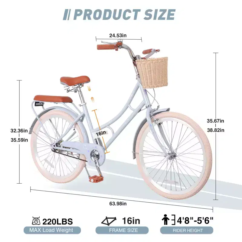 NAYSAYE Women Beach Cruiser Bike with Front Basket & Sturdy Frame for Comfortable Outdoor City Commuting, Blue, 63.98*24.53*38.82