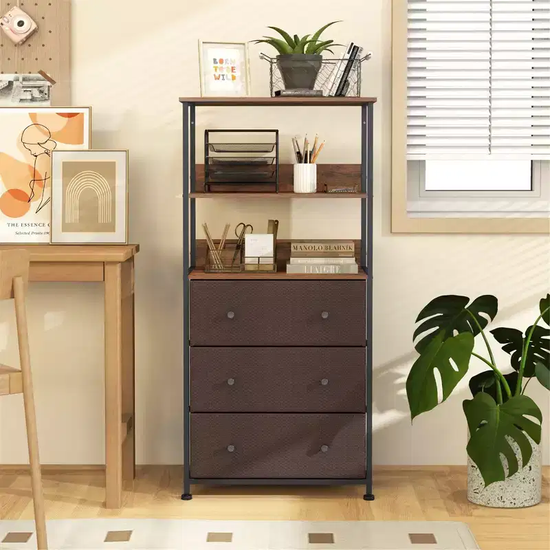Costway 3 Drawer Dresser w/ Open Shelves Home Vertical Fabric Storage Unit Metal Frame