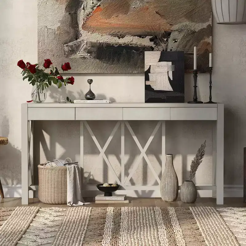 TUYOHW 60 Acacia Wood Console Table with 4 Drawers,Farmhouse Entryway Table with X-Leg Design,Slim Sofa Table for Living Room,Kitchen,Hallway