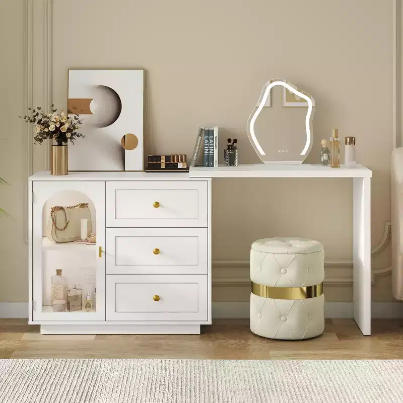 Makeup Vanity Desk, Extendable Corner Vanity Makeup Table with 3 Drawers & 2 Doors, Dressing Table for Bedroom