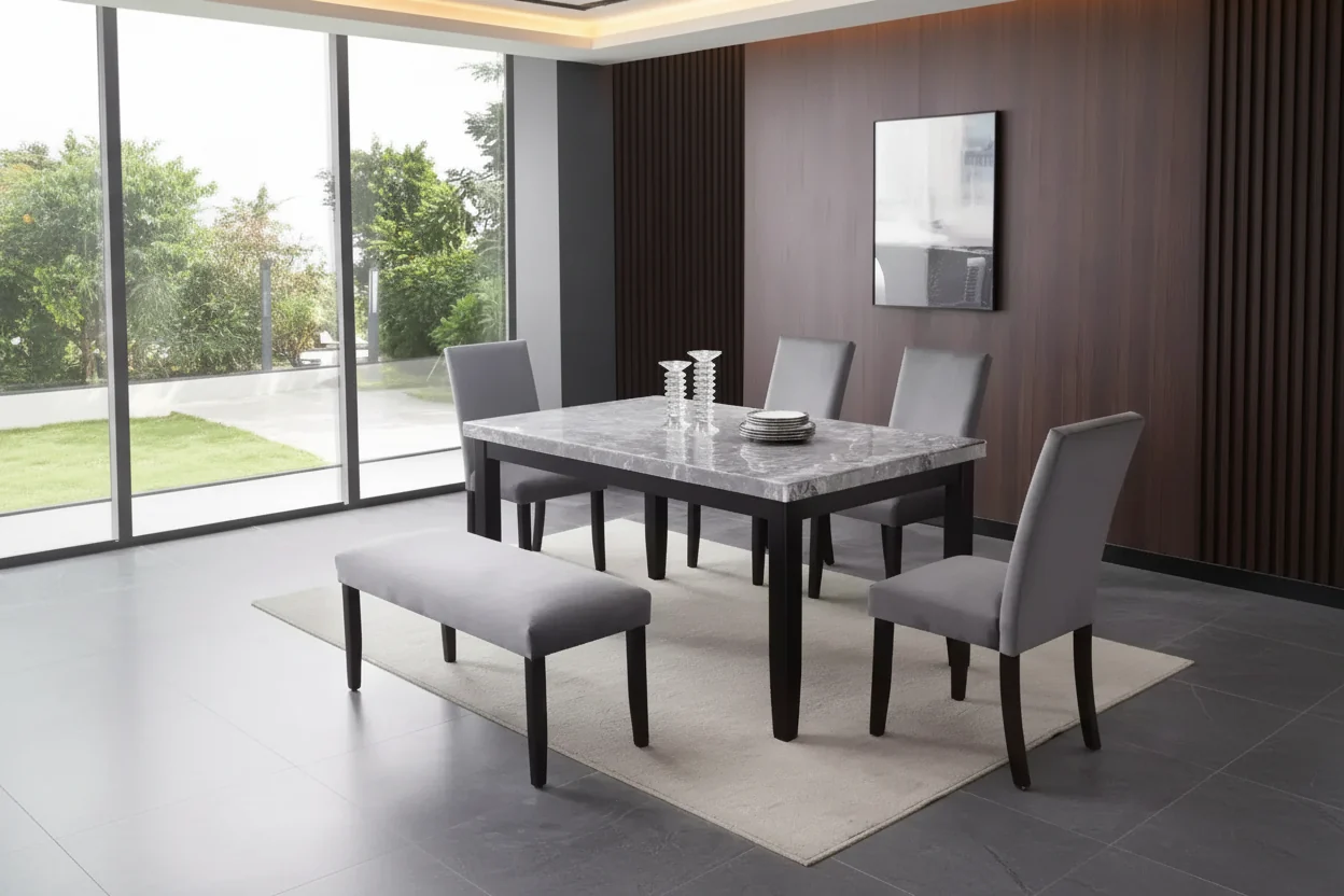 Marble Top Dining Table, Gray, Seats 6, 64-Inch