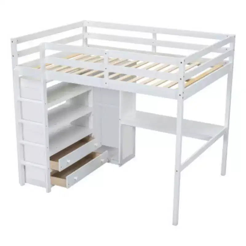 White Wood Full Size Loft Bed with Wardrobe, Desk, Shelves and Drawers