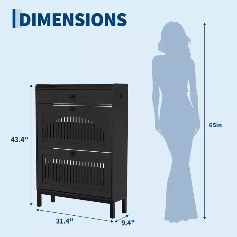 Shoe Storage Cabinet with 2 Flip Drawer, Shoes Organizer with with Top DrawerHollow Out Panel & Black Square Handles, Adjustable Shoe Rack