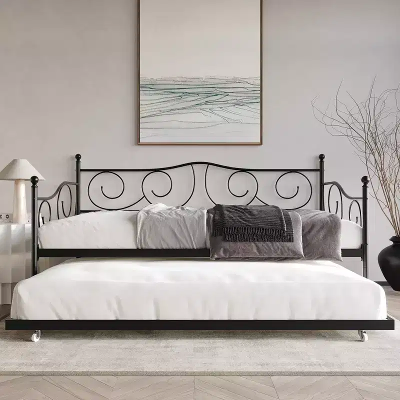 Metal Daybed with Trundle, Contemporary Design with Finial Detailing
