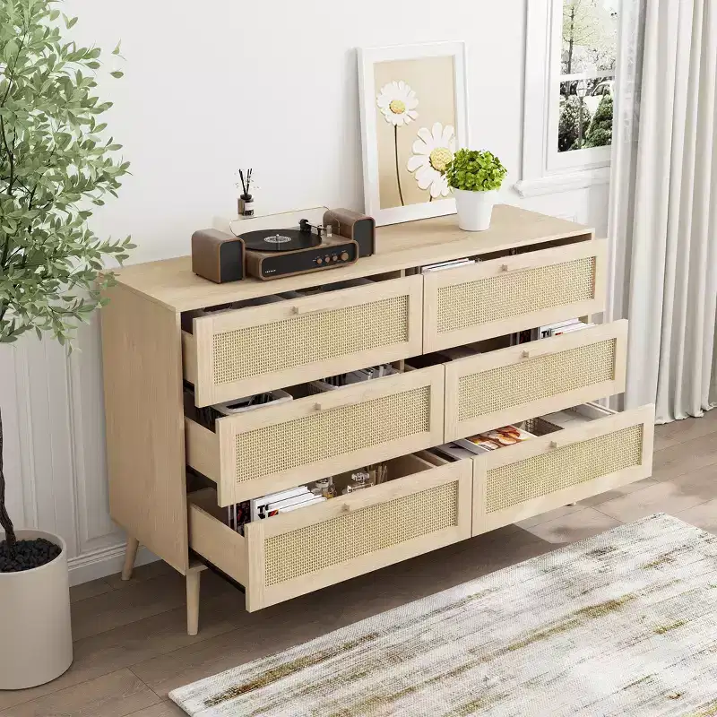 JVNOXK 6-Drawer Rattan Wardrobe, Dressing Table, Wide-Body Chest of Drawers with Wooden Handles, Rattan Storage Cabinet Suitable for Living Room
