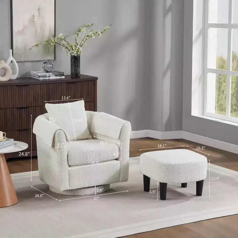 FurnitureR Swivel Accent Chair with Ottoman Set, Upholstered Lounge Chair and Footrest, Modern Cozy Armchair for Living Room, Bedroom, Reading Corner