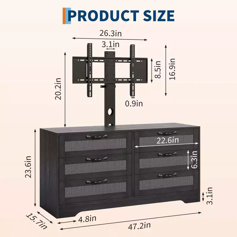 Wood & Rattan TV Stand with Mount 6-Drawer 47.2''W x 43.8''H x 15.7''D