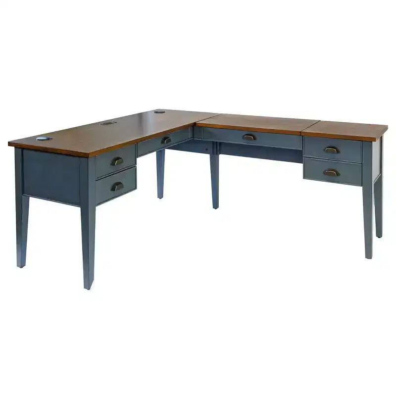 Open L-Shaped Pedestal Writing Desk Blue - Fairmont Collection: Wood, Charging Station, USB Port