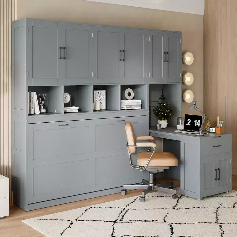 Twin Murphy Bed Frame with Drawers and Desk, Wall Bed Frame with Storage Cabinet and Shelves, Twin Size Folding Murphy Bed for Home Office