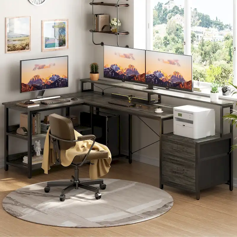 Reversible L Shaped Computer Desk with File Drawer  Long Monitor Stand  Charging Station & RGB LED Strips