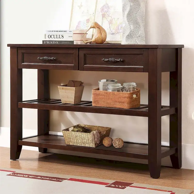 Mid-Century Style Console Sofa Table Solid Wood Buffet Sideboard with 2 Storage Drawers and 2 Tiers Shelves