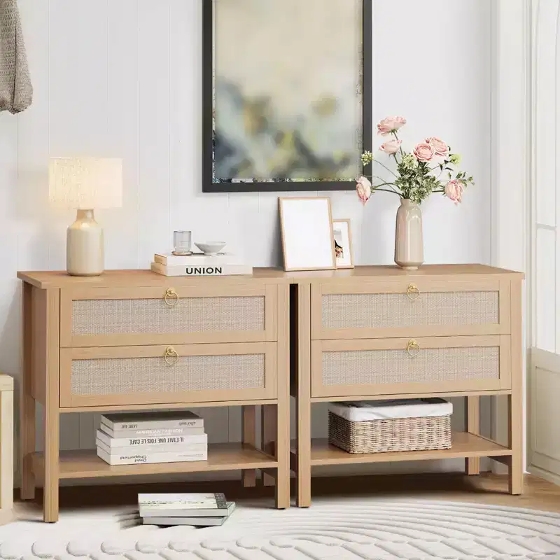 Rattan Nightstand Set of 2, Accent End Table with 2 Drawer & Open Shelf, Sofa Side Table for Small Spaces, Bedside Table for Living Room