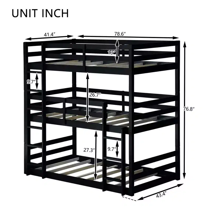 Bellemave Twin over Twin over Twin Bunk Bed with Two Built-in Ladders and Guardrails,Detachable Triple Twin Rubber Wood Bunk Bed