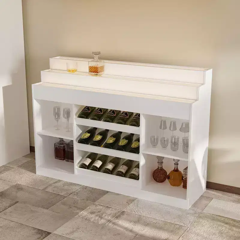White Multi-Layer Bar Cabinet Wine Cabinet: Wave-Patterned Glass Countertop, Tiered Design Spacious Wine & Liquor Storage, Ambient Lighting