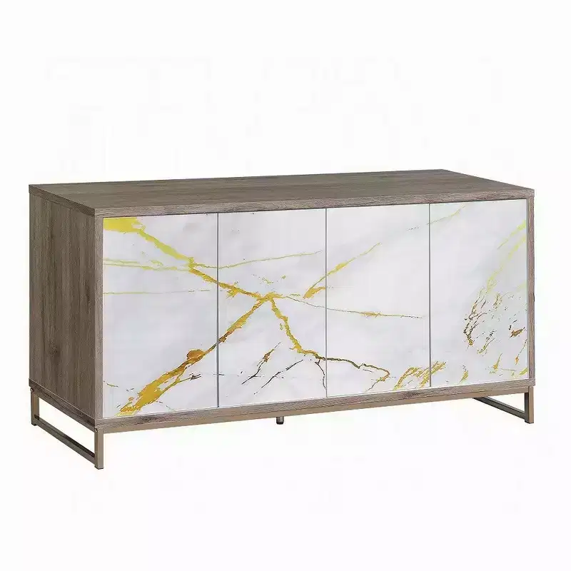 Royal Hampton Sideboard Console Cabinet, White Marble Look 4 Door Brown 65 Inch