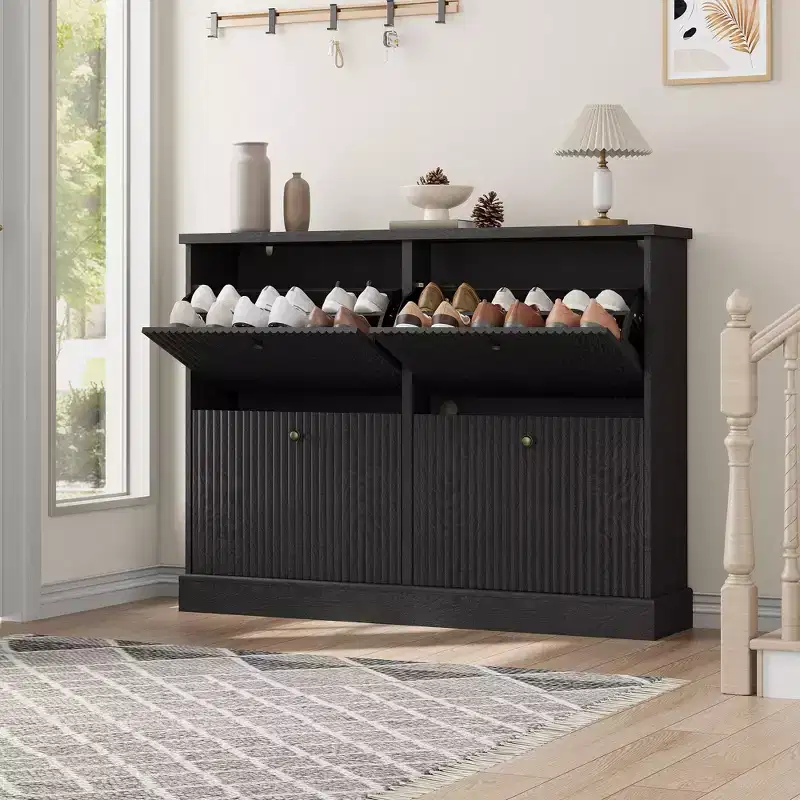 Shoe Cabinet with 4 Flip Drawers, Modern Narrow Wave Shoe Organizer with Adjustable Shelves,Shoe Cabinet for Entryway, Living Room, Hallway