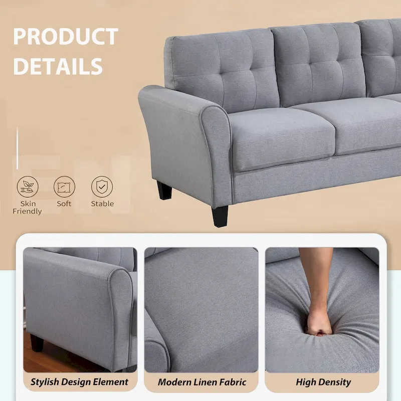 Grey Linen Upholstered Couch Sofa - 30.00 x 79.90 x 34.50