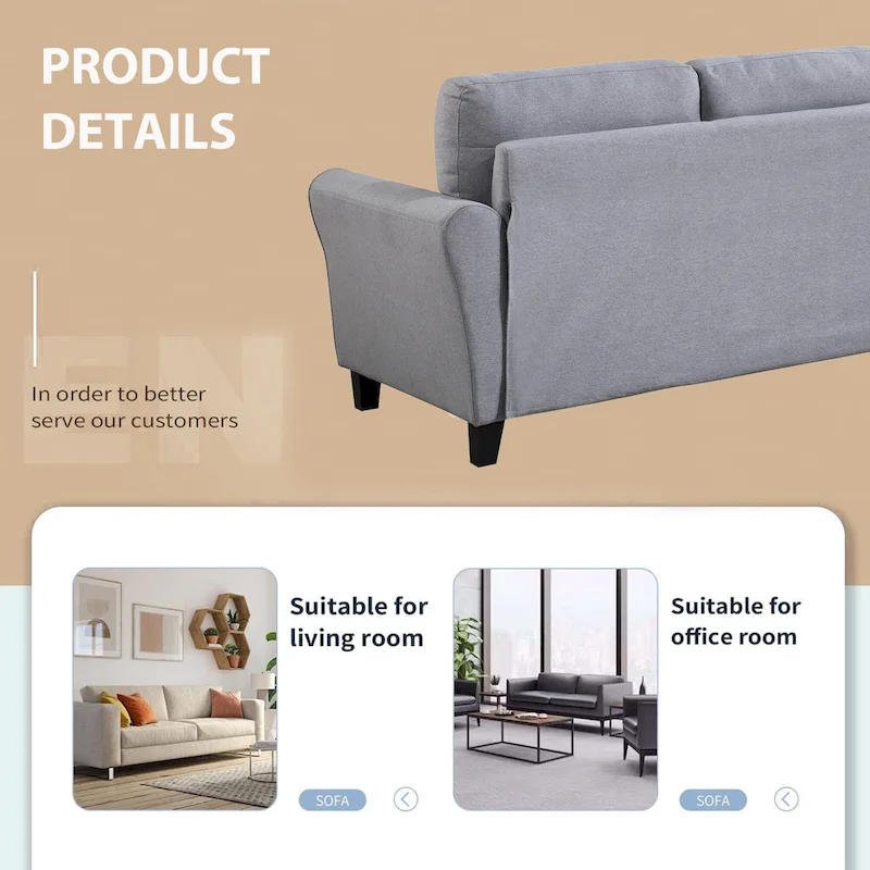 Grey Linen Upholstered Couch Sofa - 30.00 x 79.90 x 34.50
