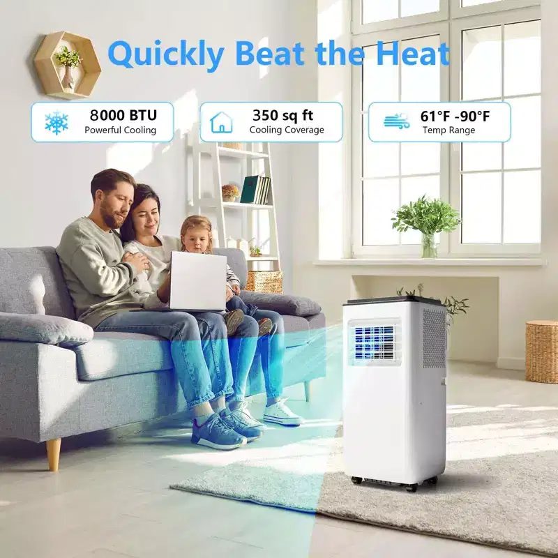 8000Btu Portable Air Conditioner with Remote Control,Quiet AC Unit with Cool, Dehumidifier & Fan Mode Room Cooling Up to 350 sq ft,24 Hour Timer,White