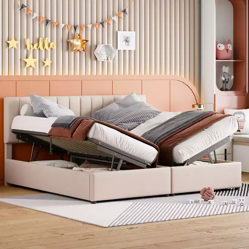 King Size Upholstered Platform Bed with Under-Bed Storage System