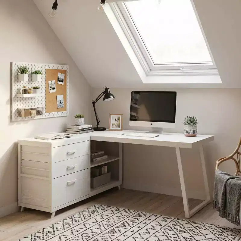 Reversible L-Shaped Desk with 3 Drawers & Open Shelves - Rustic Home Office