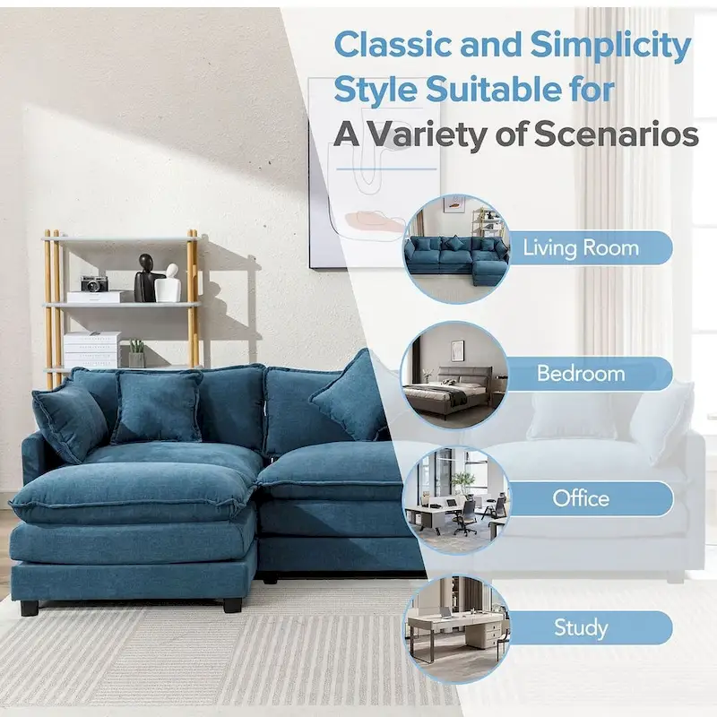 112 Modern L-Shape Chenille Upholstered Sofa with 5 Pillows