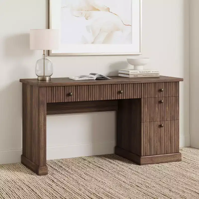 Fluted Home Office Desk Storage,54 in Modern Executive Desk with Charging Station,Wooden Computer Writing Desk with File Cabinet & Drawers