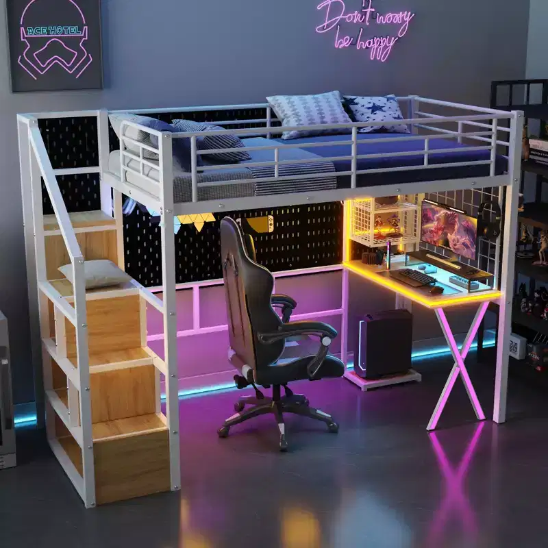 94''L x 40.9''W Metal Loft Bed with Built-in Work Station, Wardrobe, Storage Staircase and LED, Safety Guaranteed