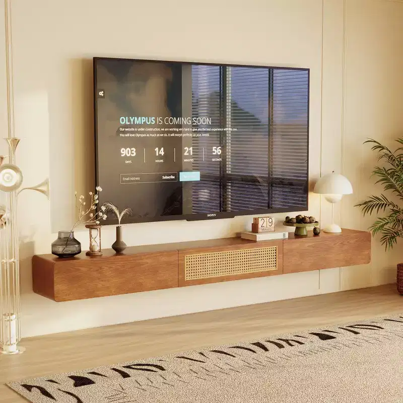 Luck Live Mid-Century Modern 78.74 Inch Floating TV Stand Wall Mounted Media Console with Rattan Door and Drawer