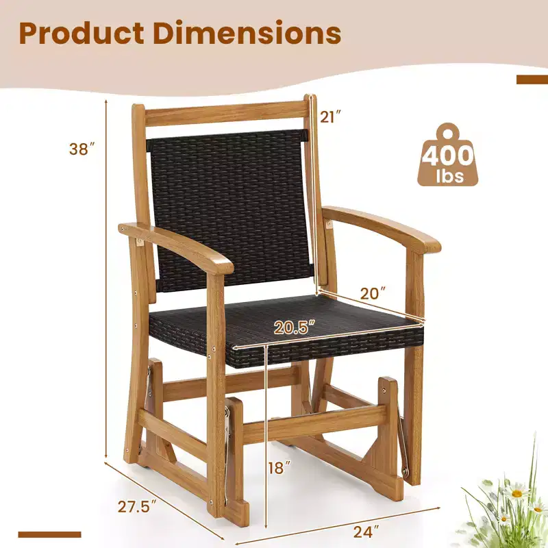 Costway Patio Rattan Glider Chair w/ Acacia Wood Frame & Wicker Seat Back Armrests