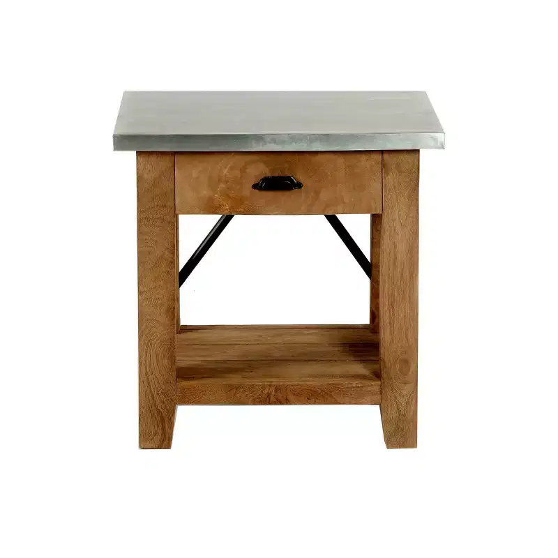End Table with Drawer: Mid-Century Modern, Brown Hardwood Frame, Silver Metal Tabletop, 22" x 18" x 22"