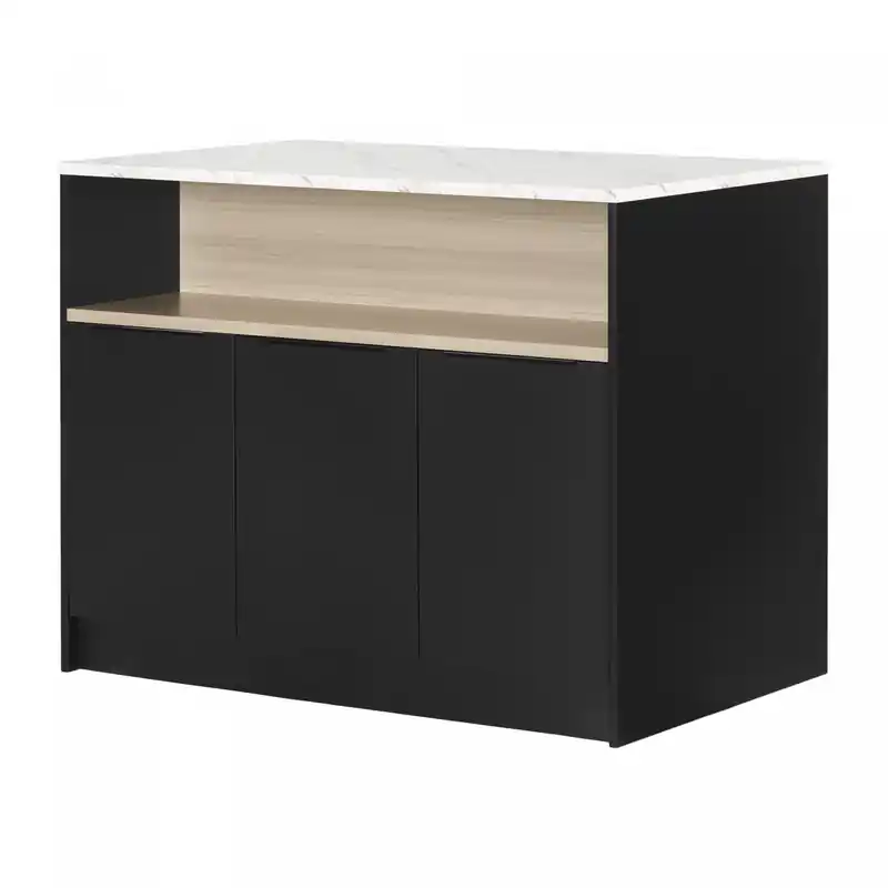 Kitchen Island With Open Storage Shelf - Matte Black And Faux White Marble