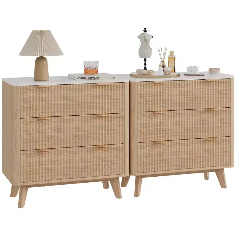 32 Width Fluted Modern Nightstands with Faux Marble Top,3 Drawer Bedside Table,Large Nightstand for Bedroom,Living Room, Hallway,Profile Design, Oak