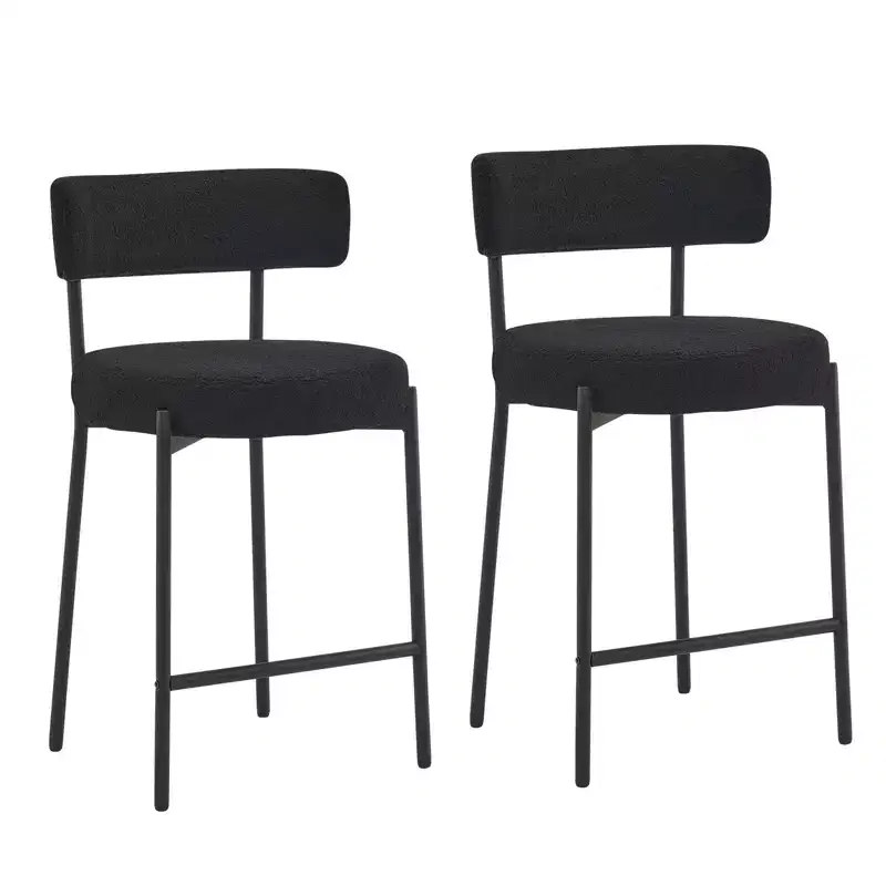 Set of 2 Boucle Fabric Counter Height Stools, 24 in., Mid Back, Metal Frame for Kitchen Island and Dining Room