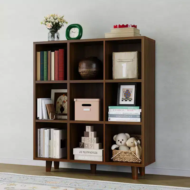 9-Tier Mid-Century Modern Bookshelf-Rustic Brown Wood Cube Storage Organizer with Anti-Tipping Legs for Living Room/Home Office (9-Cube, Retro Brown)