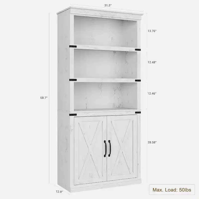 Acekool 5-Tier Farmhouse Bookshelf with Doors, Wooden Storage Cabinet for Living Room, Office, Bedroom