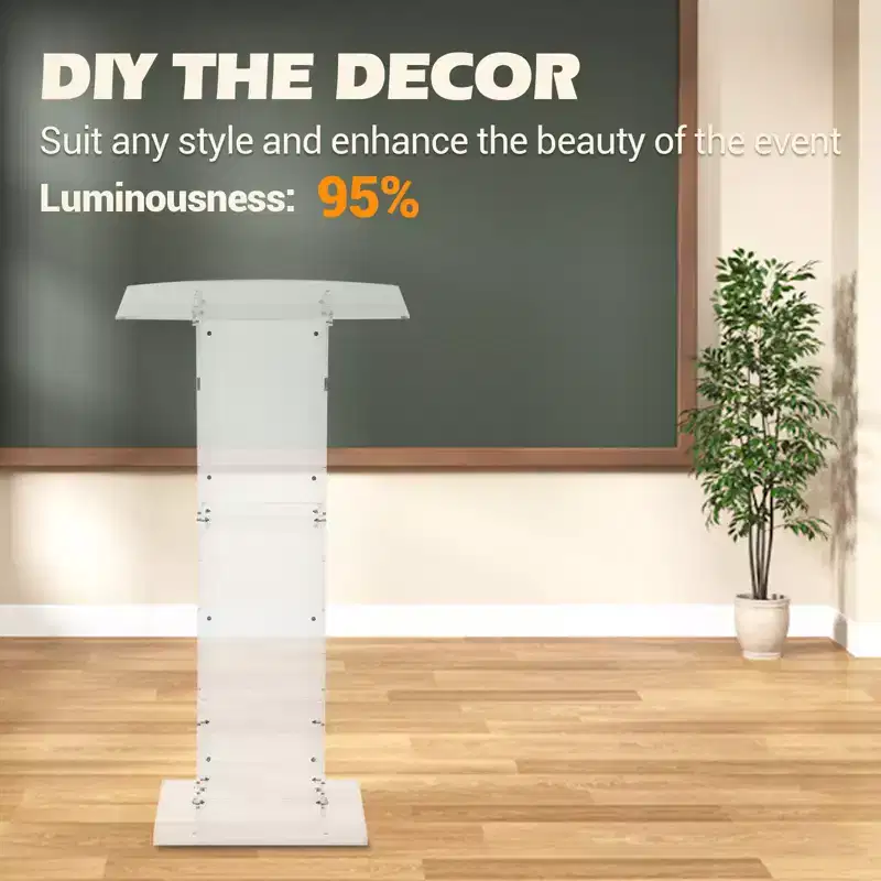 Modern Acrylic Podium Stand  Floor Lectern with Wide Reading Surface & Storage Shelf, Portable for Church, School, Conference  White