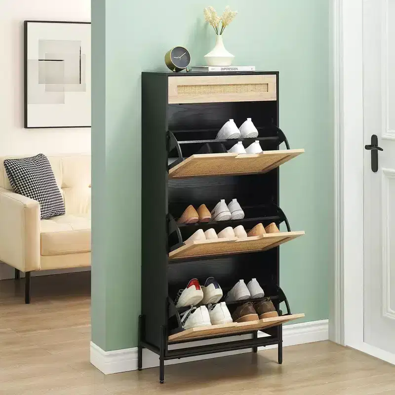 3 Flip Drawers Shoe Storage Cabinet with 1 Drawer, Hidden Rattan Shoe Organizer with Metal Legs