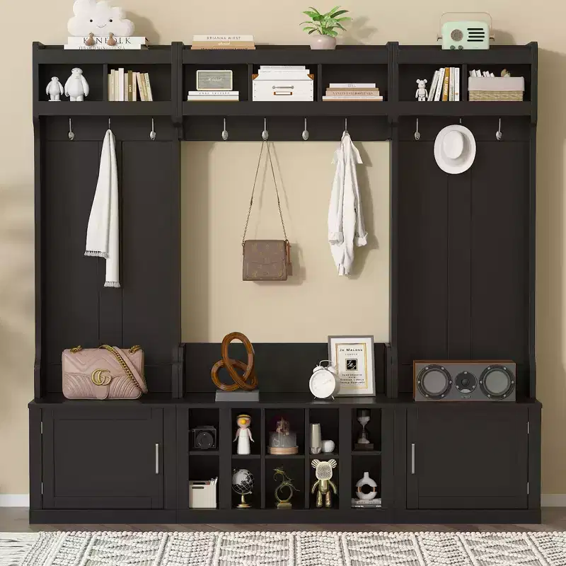 Okak 4-IN-1 Wide Hall Tree with Entryway Bench and Shoe Cubbies, Coat Rack with Sotrage Shelves and 10 Hooks, Coat Tree for Hallway, Black