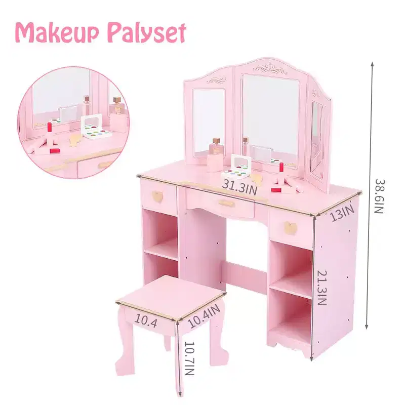 GustoWave Bophy Girls' Vanity Table and Chair Set, Kids Makeup Dressing Table with Wood Makeup Playset Toy, Kids Vanity Set with Mirror & Drawer