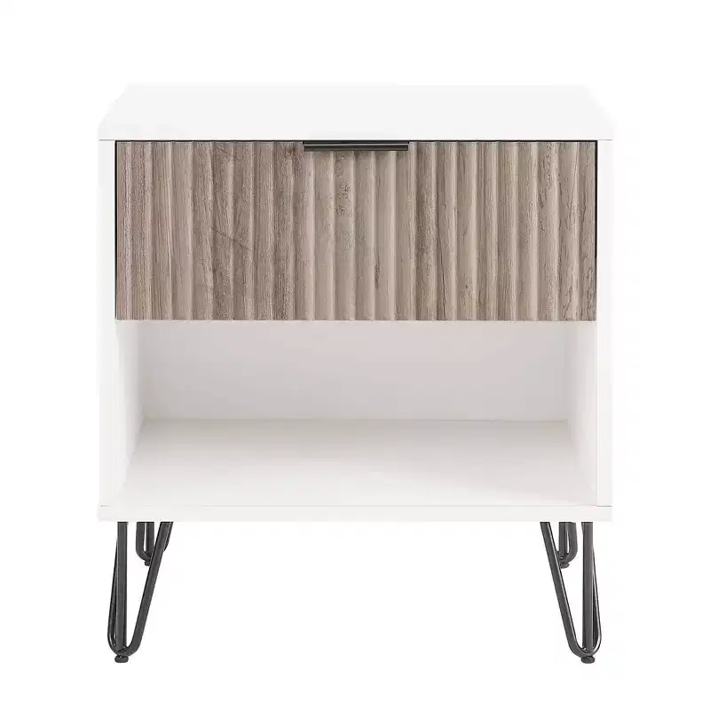 Manhattan Comfort Dumbo 1 Drawer Nightstand White/Rustic Gray: Contemporary MDF Frame, Open Shelf, Textured Finish
