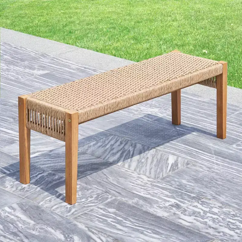 GDFStudio Positano 48 Outdoor Acacia Wood Bench with Strapped Rattan Seat