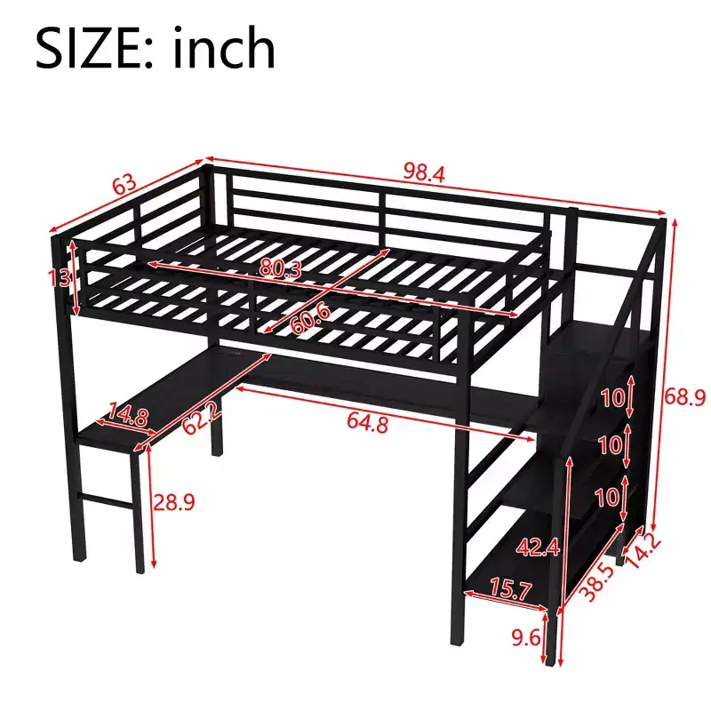 Queen Loft Bed with LED, L-shaped Desk and USB,Metal Loft Bed with Wardrobe and Adjustable Shelf for Kids,Teens and Adults
