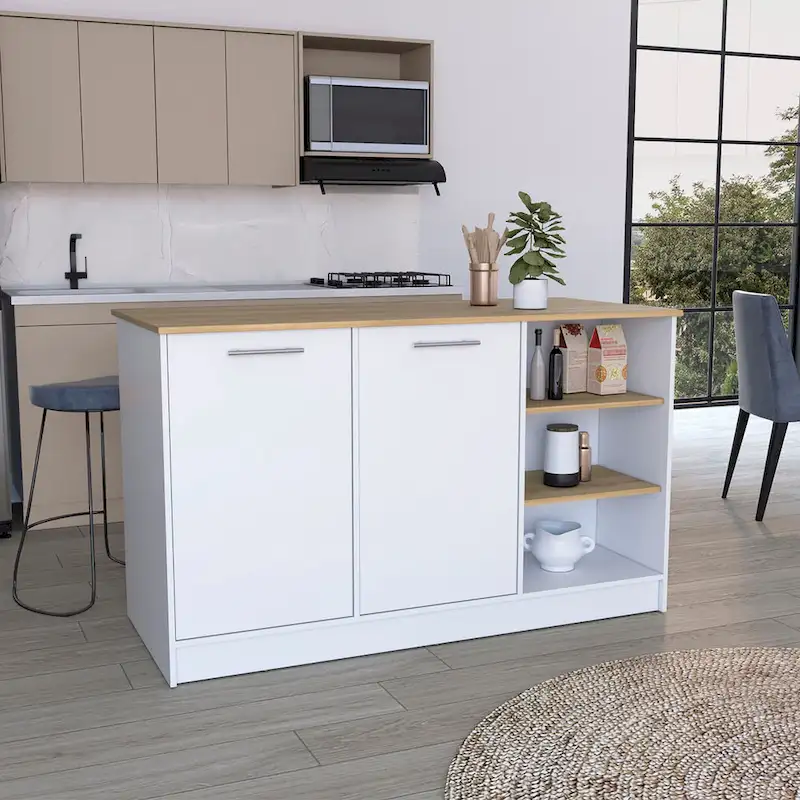 Ginger 59-inch Wide Kitchen Island with 3 Open Shelves and 2 Cabinets