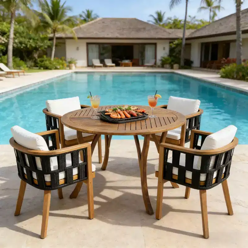 ModernLuxe Acacia Wood Patio Dining Set, Outdoor Dining Table and 4 Woven Rope Armchairs with Cream Cushions, Teak+Black