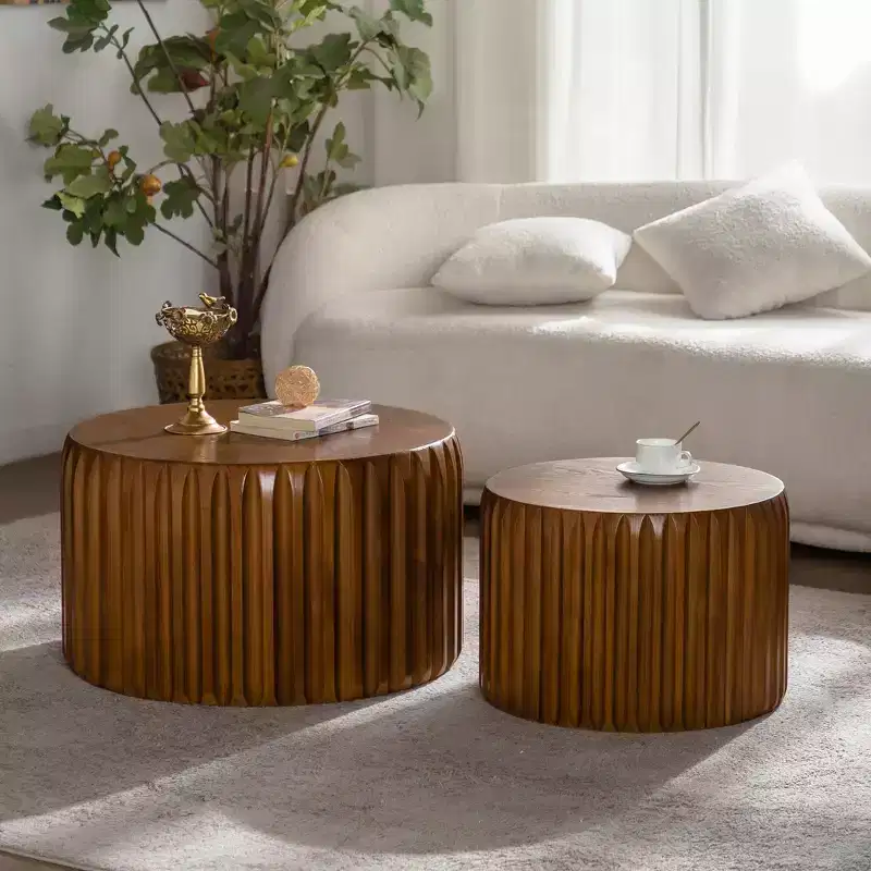 GDFStudio Philippa Mid Century Modern Round Wood Fluted Nesting Coffee Table (Set of 2)