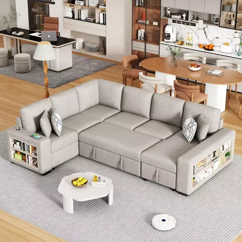 109 U-Shaped Sectional Sleeper Sofa with USB Ports, Storage Chaise & 4 Pillows - Convertible Sofa Bed for Living Room